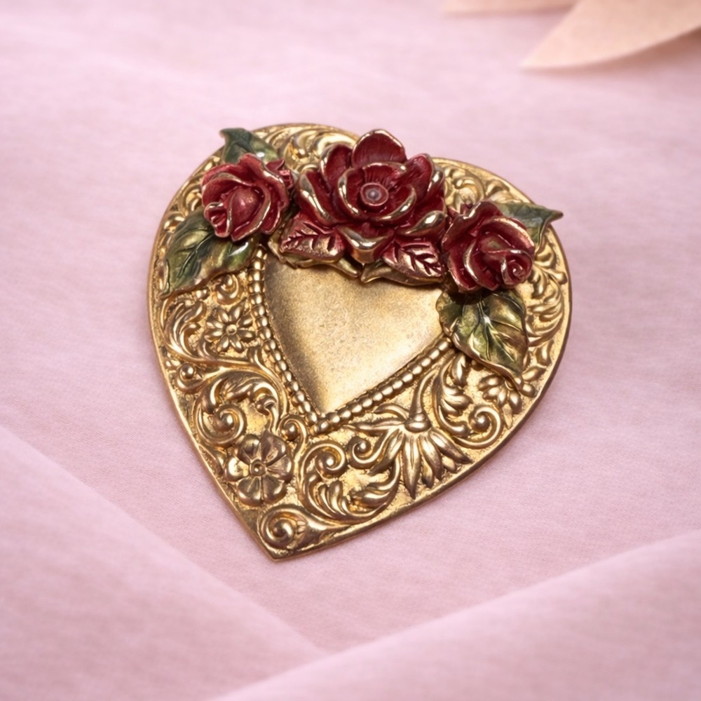 Vintage Gold Tone Heart Brooch Red Roses Romantic Floral Pin Floral Cottagecore